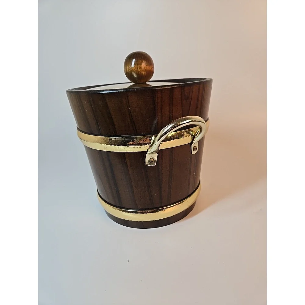 Vintage Kraftware Wood & Metal Barrel Style Ice‎ Bucket 8
